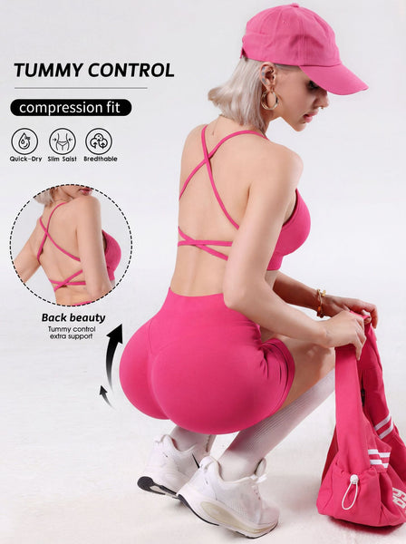 Cross Back Yoga Set with Tummy Control Shorts