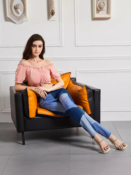 High-Waisted Patchwork Denim Jeans