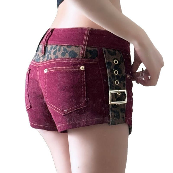 Low Waist Denim Shorts with Leopard Print