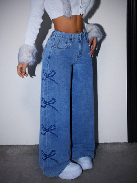 Bow Print Wide Leg Jeans