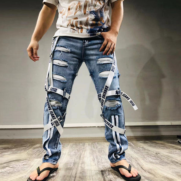 Men's Fashion Patch Webbing Slim Fit Jeans