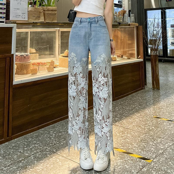 Lace Patchwork Straight Leg Denim Jeans