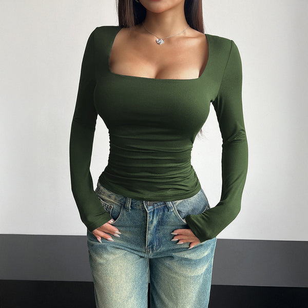 Square Neckline Long-Sleeved Shirts