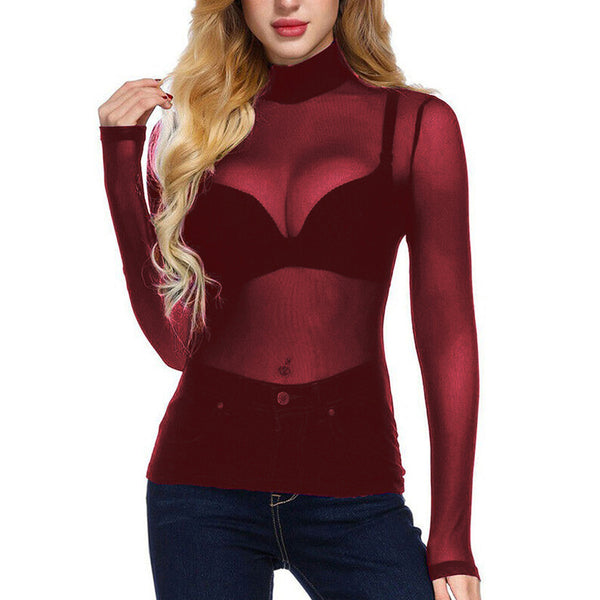Black Sheer Long-Sleeve Tops