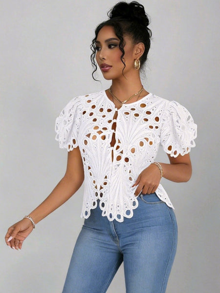 Hollowed-Out Lace Bell Sleeve Shirts