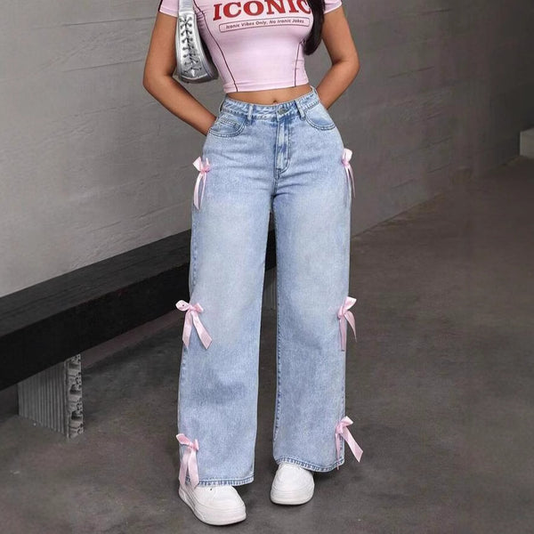 Bow-Accented Washed Jeans