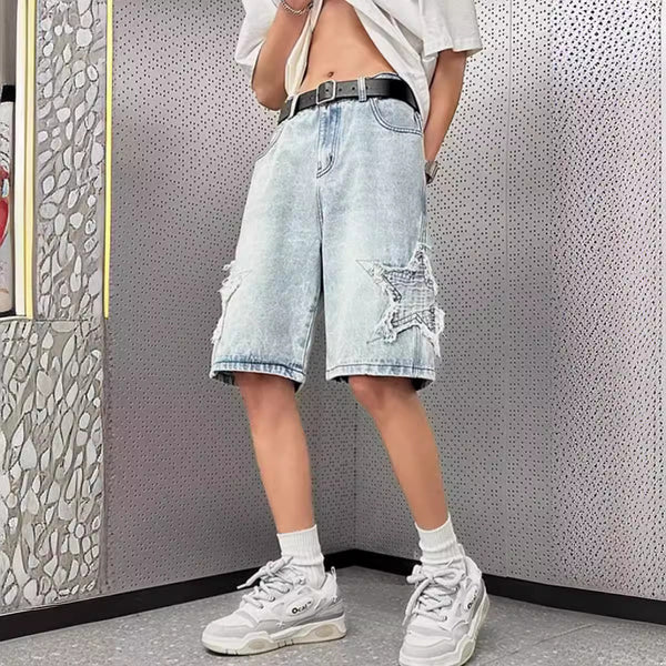 Mens Washed Denim Five-Point Shorts
