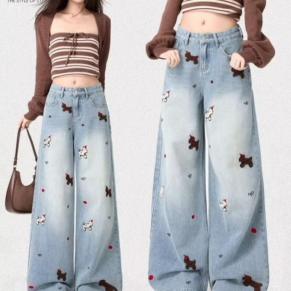 Embroidered Wide-Leg Denim Jeans