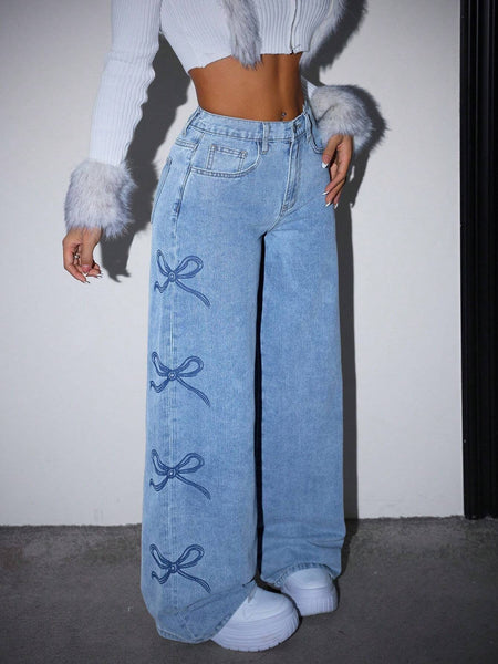 Bow Print Wide Leg Jeans