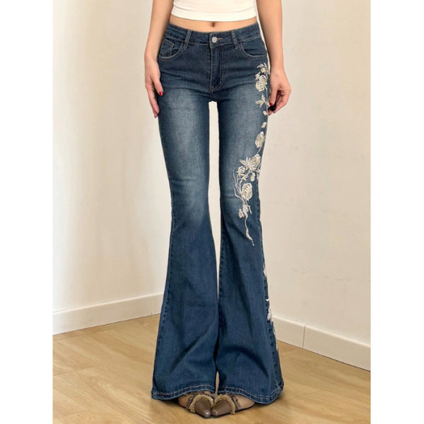 Rose Embroidered Denim Bootcut Jeans