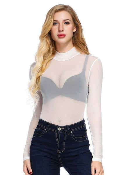 Black Sheer Long-Sleeve Tops