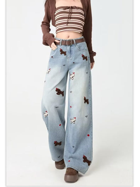Embroidered Wide-Leg Denim Jeans