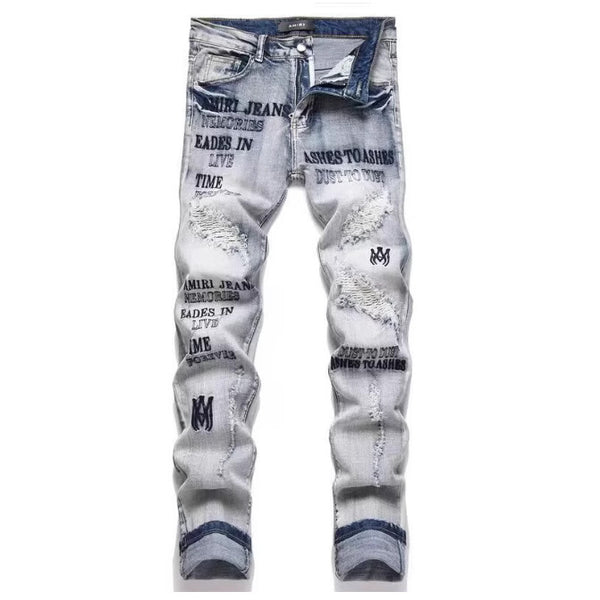 Slim Fit Embroidered Patch Denim Pants for Men