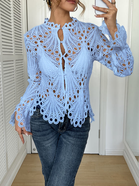 Hollowed-Out Lace Bell Sleeve Shirts