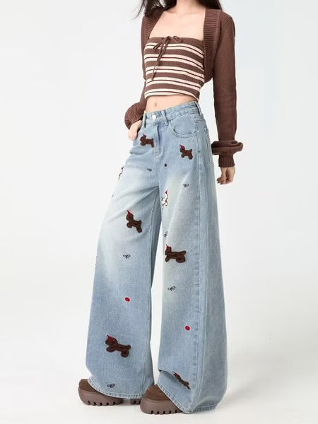 Embroidered Wide-Leg Denim Jeans