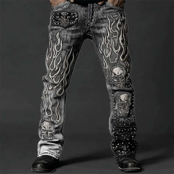 Mens 3D Print Skull Design Slim Fit Pants