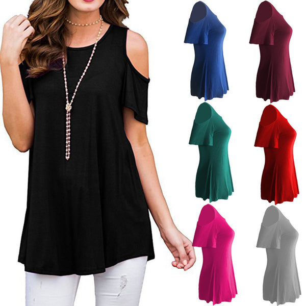 Crewneck Short-Sleeved Shoulderless Shirts