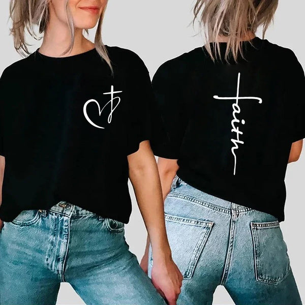 Womens Heart and Cross Cotton T-Shirt