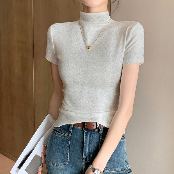 Half Turtleneck Short-Sleeve Cotton Shirt
