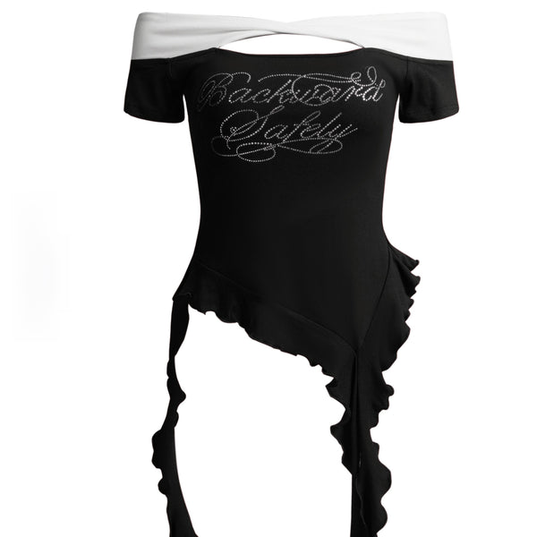 Embroidered Off-Shoulder Ribbon Shirt