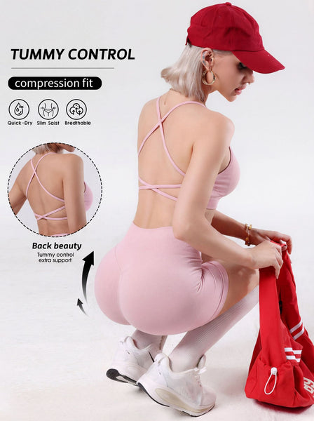 Cross Back Yoga Set with Tummy Control Shorts