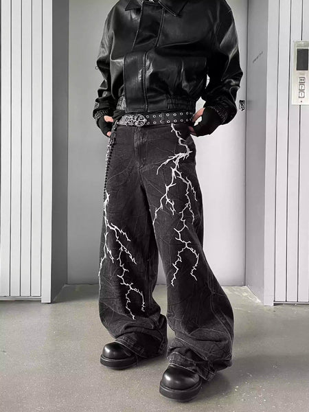 Lightning Embroidery Black Jeans
