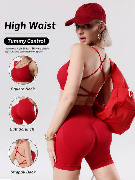 Cross Back Yoga Set with Tummy Control Shorts