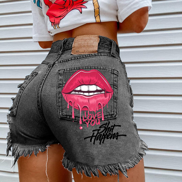 Graphic Design Ripped Denim Shorts