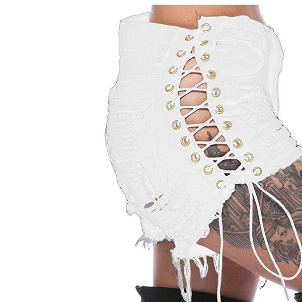 Ripped Lace-Up Denim Shorts