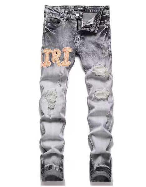 Slim Fit Embroidered Patch Denim Pants for Men