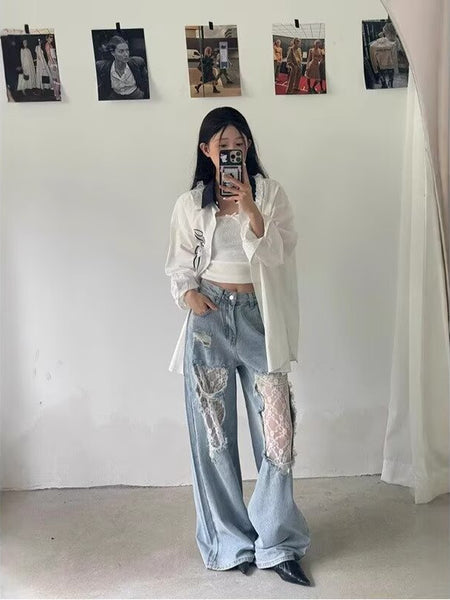 Ripped Denim Wide Leg Jeans