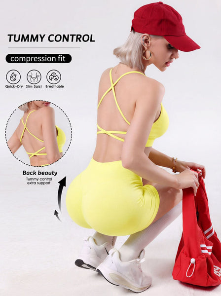 Cross Back Yoga Set with Tummy Control Shorts