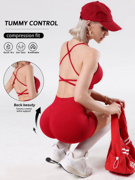 Cross Back Yoga Set with Tummy Control Shorts
