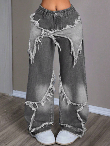 Star Patchwork Denim Wide Leg Jeans