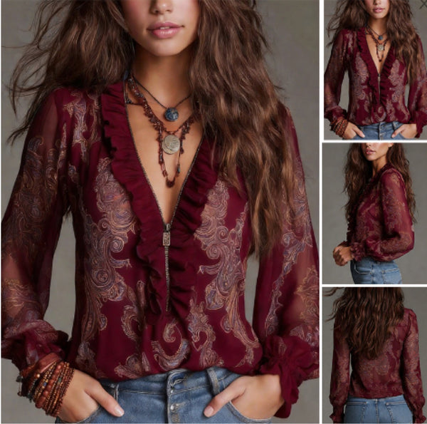 Patterned Blouse with Ruffles