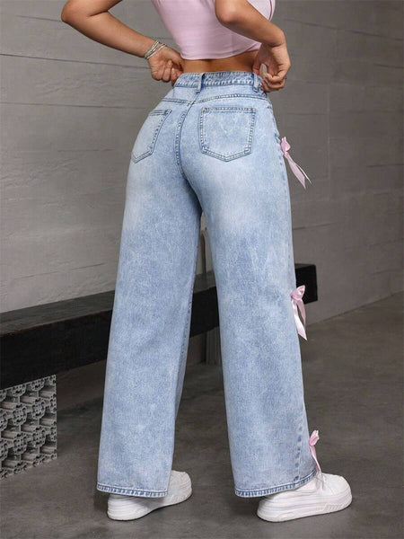 Bow-Accented Washed Jeans
