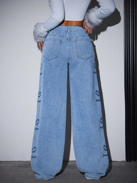 Bow Print Wide Leg Jeans