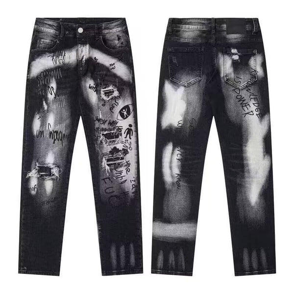Slim Fit Embroidered Patch Denim Pants for Men