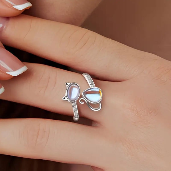 Adjustable Moonstone Cat Shaped Alloy Ring