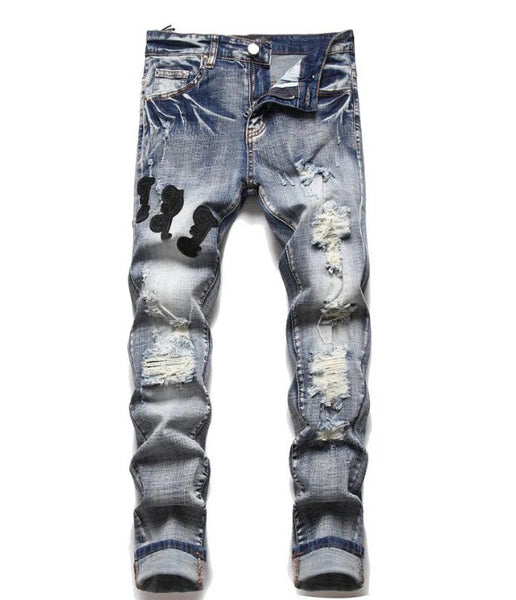 Slim Fit Embroidered Patch Denim Pants for Men