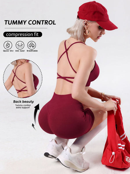 Cross Back Yoga Set with Tummy Control Shorts