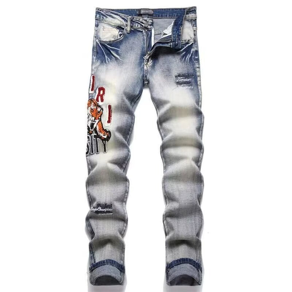 Slim Fit Embroidered Patch Denim Pants for Men