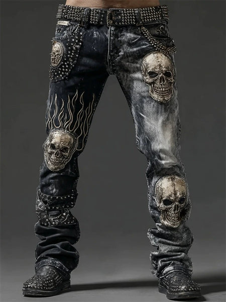 Mens 3D Print Skull Design Slim Fit Pants