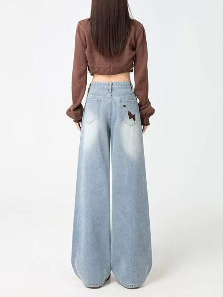Embroidered Wide-Leg Denim Jeans