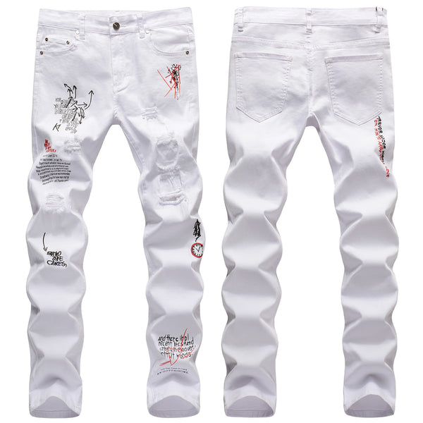 Slim-fit Ripped Embroidery Denim Jeans