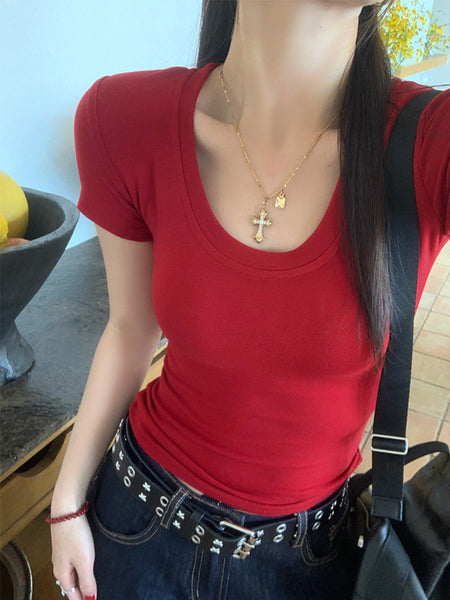 U Collar Short-Sleeved Women's T-Shirts