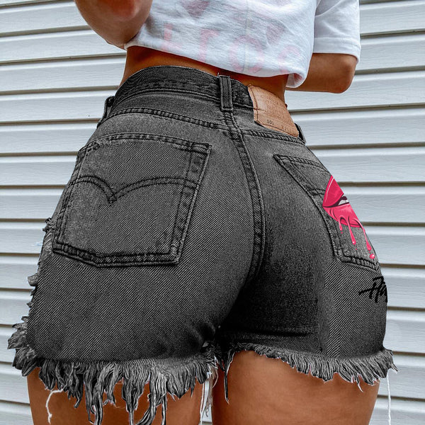 Graphic Design Ripped Denim Shorts