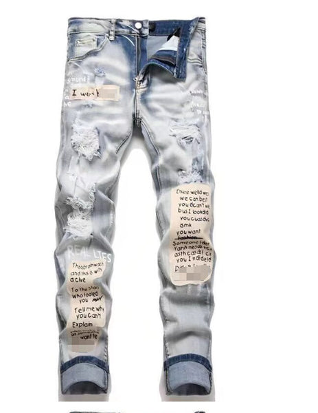 Slim Fit Embroidered Patch Denim Pants for Men