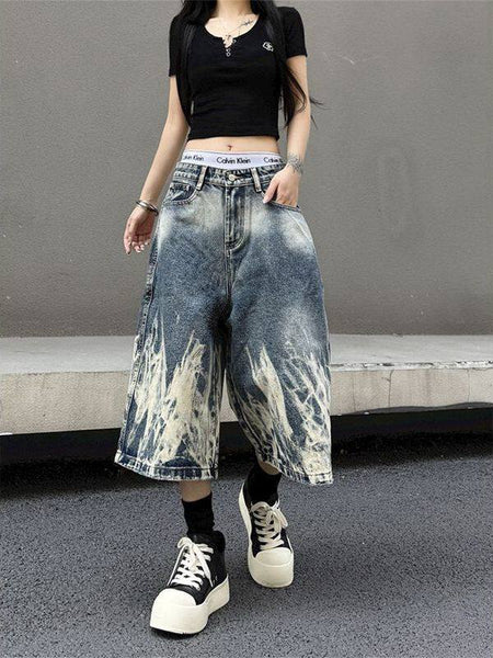 American Retro Washed Tie-Dye Denim Shorts for Men