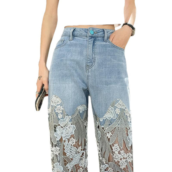 Lace Patchwork Straight Leg Denim Jeans
